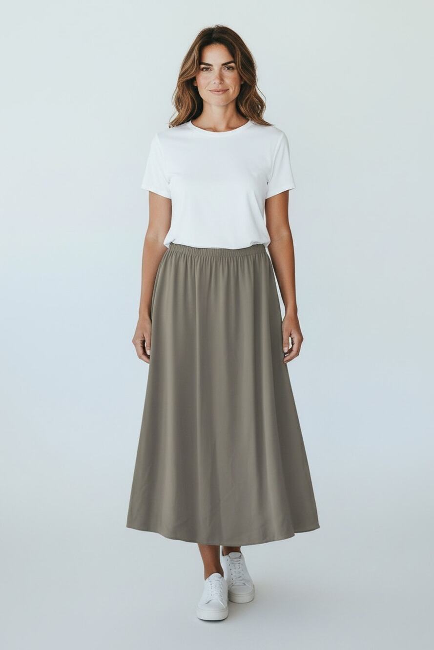 A5 NWoT EILEEN FISHER Ashley Grey Silk Elastic Waist Midi Skirt Size S